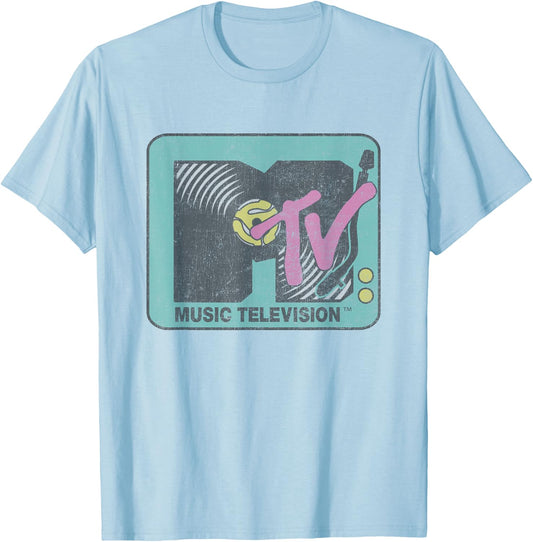 MTV Music Television Record Vinyl Vintage Big Chest Logo T-Shirt - T-Shirt | Light Blue