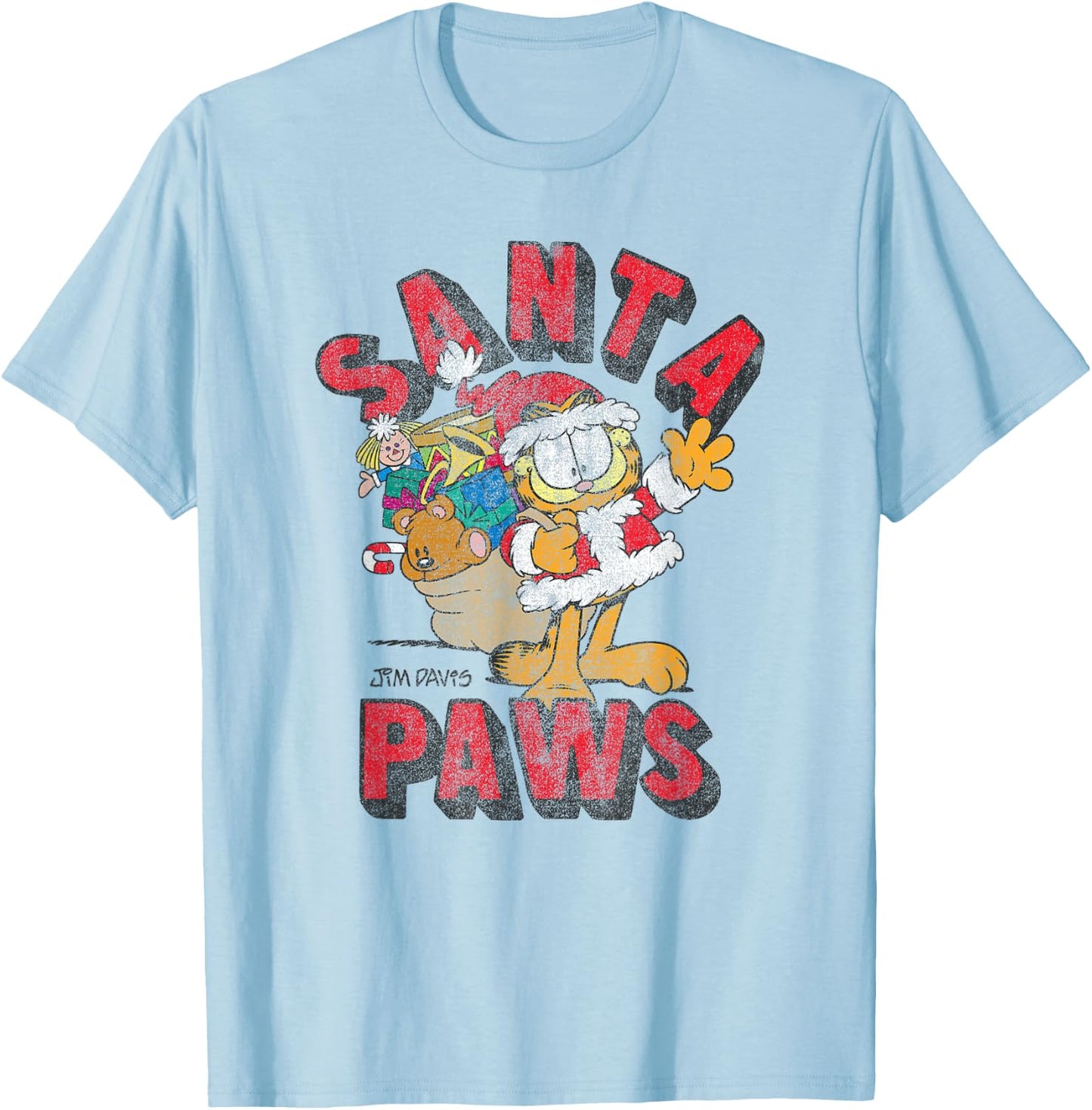 Garfield Santa Paws Distressed Christmas Cartoon Cat Women Kids T-Shirt - T-Shirt | Light Blue