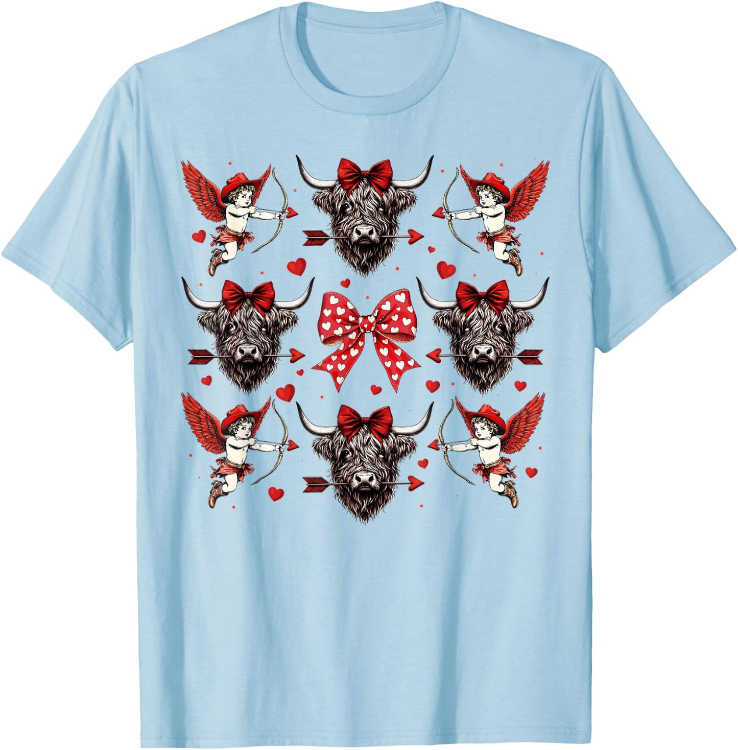 Howdy Valentine Western Cowgirl Cupid Higland Cow Heifer T-Shirt - T-Shirt | Light Blue