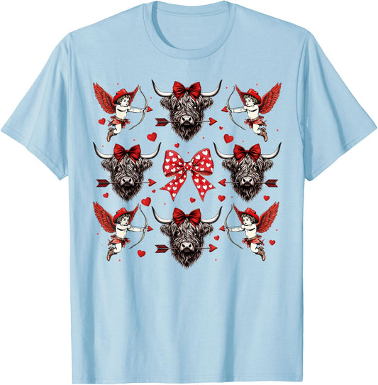 Howdy Valentine Western Cowgirl Cupid Higland Cow Heifer T-Shirt - T-Shirt | Light Blue