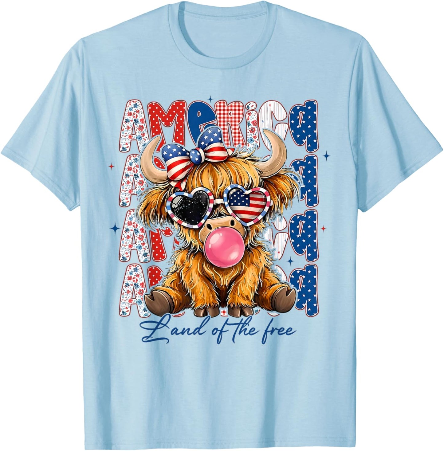 Highland Cow 4th July American Flag Coquette Bow Floral T-Shirt - T-Shirt | Light Blue