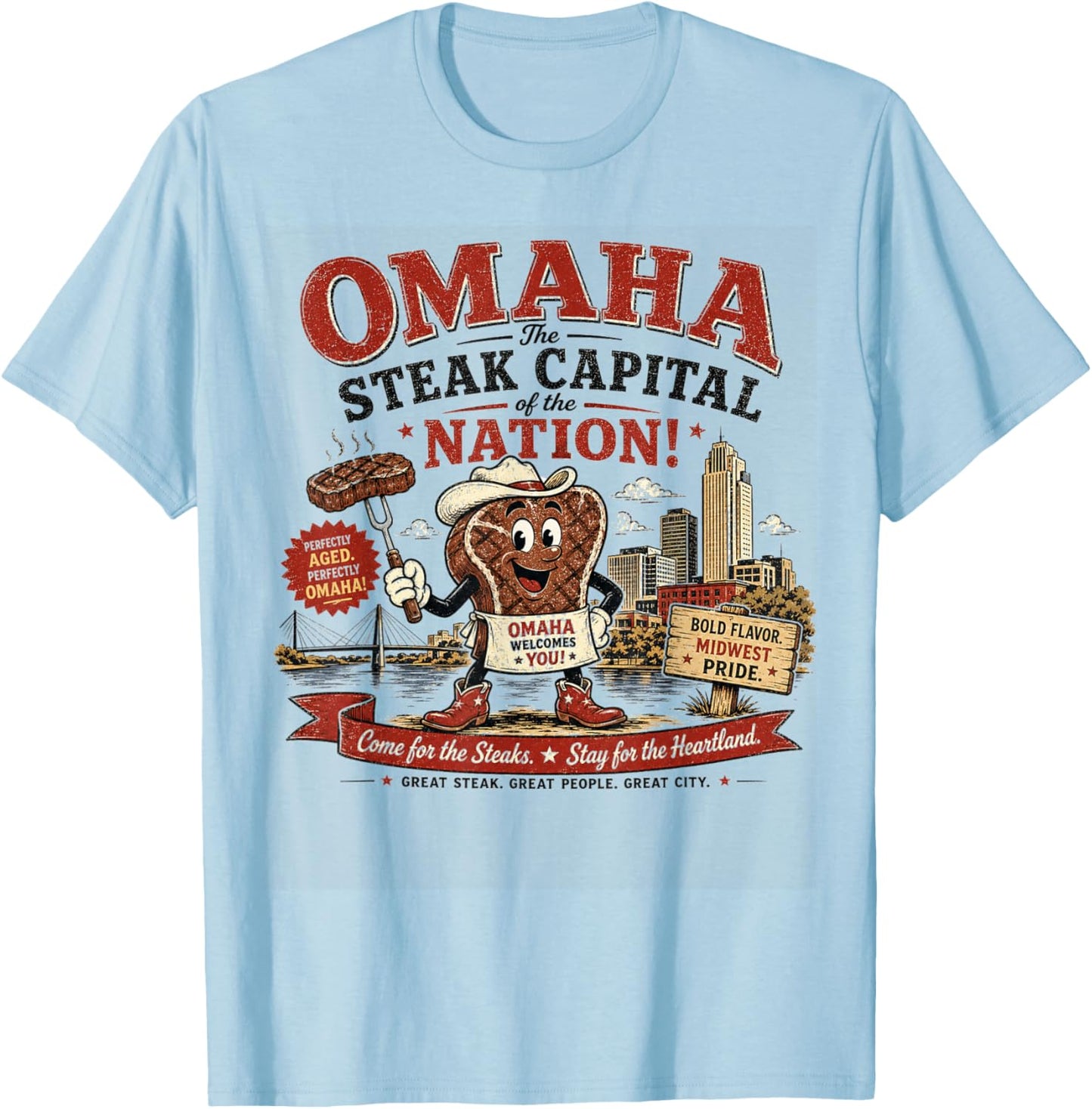 Omaha Nebraska Steak Capital - Vintage Cowboy Steak T-Shirt - T-Shirt | Light Blue