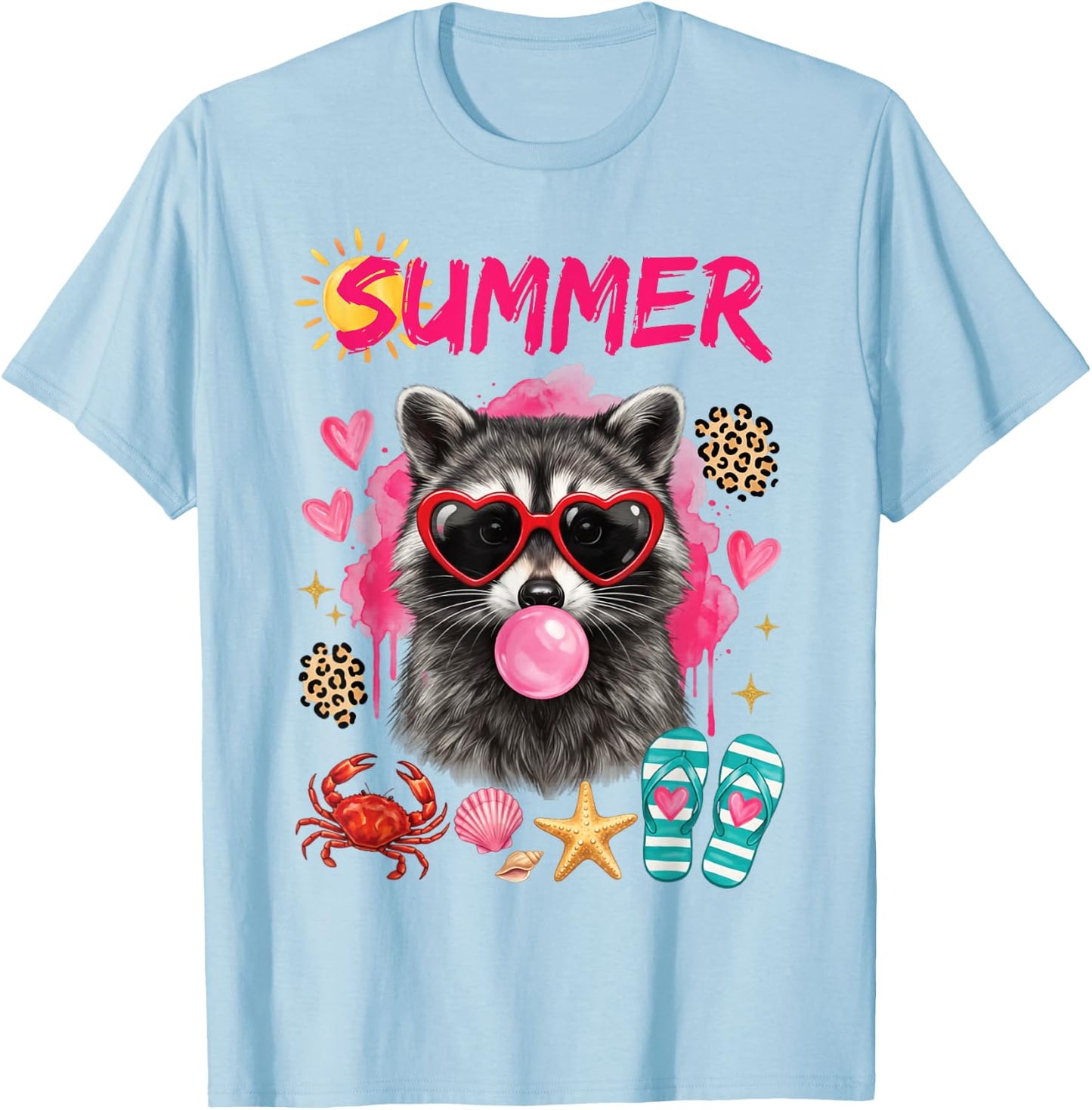 Summer Raccoon Beach Vacation Cute Retro Animal Graphic T-Shirt - T-Shirt | Light Blue