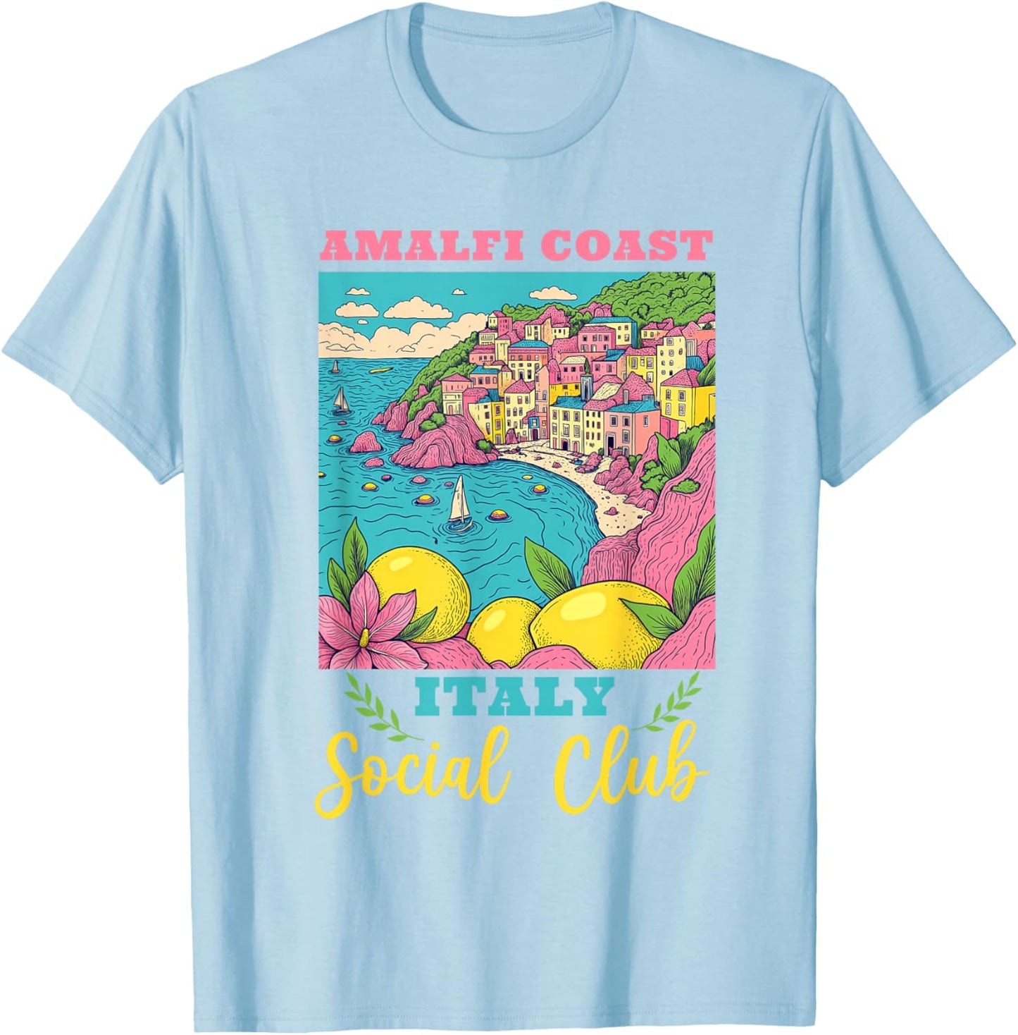 Amalfi Coast Social Club Italy Souvenir Lemon Vacation T-Shirt - T-Shirt | Light Blue