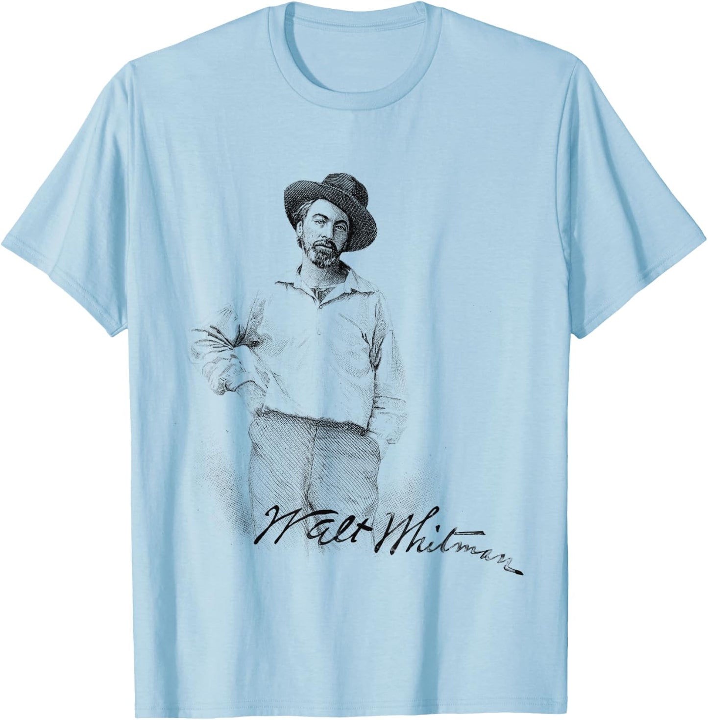 Walt Whitman Portrait with Signature Graphic T-Shirt - T-Shirt | Light Blue