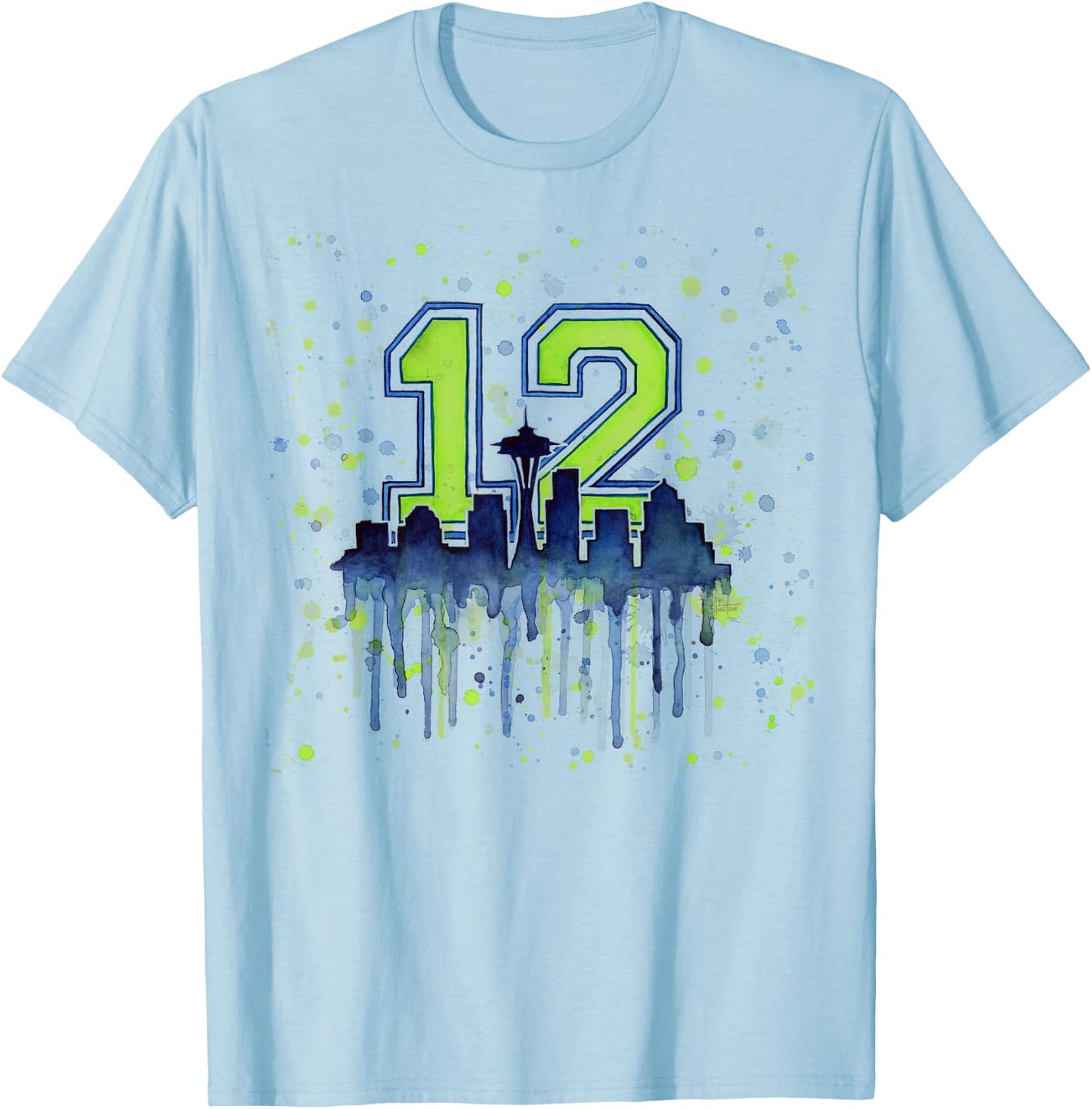 Seattle 12th Man | Space Needle Skyline Watercolor T-Shirt - T-Shirt | Light Blue
