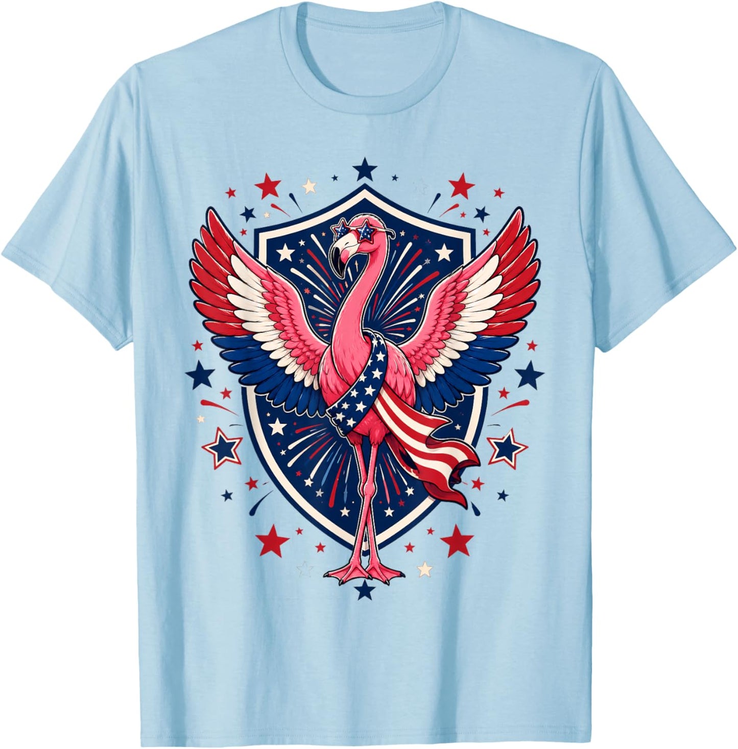 Patriotic Flamingo 4th of July USA American Flag Animal T-Shirt - T-Shirt | Light Blue