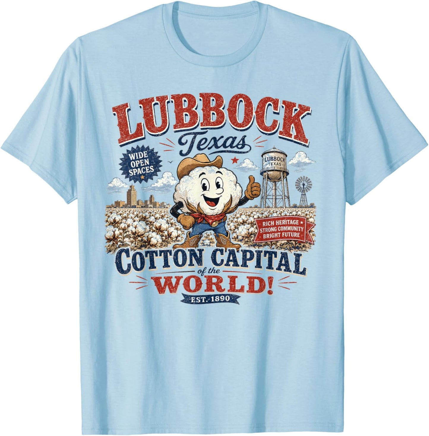 Lubbock Texas Cotton Capital - Vintage Cotton Boll Mascot T-Shirt - T-Shirt | Light Blue