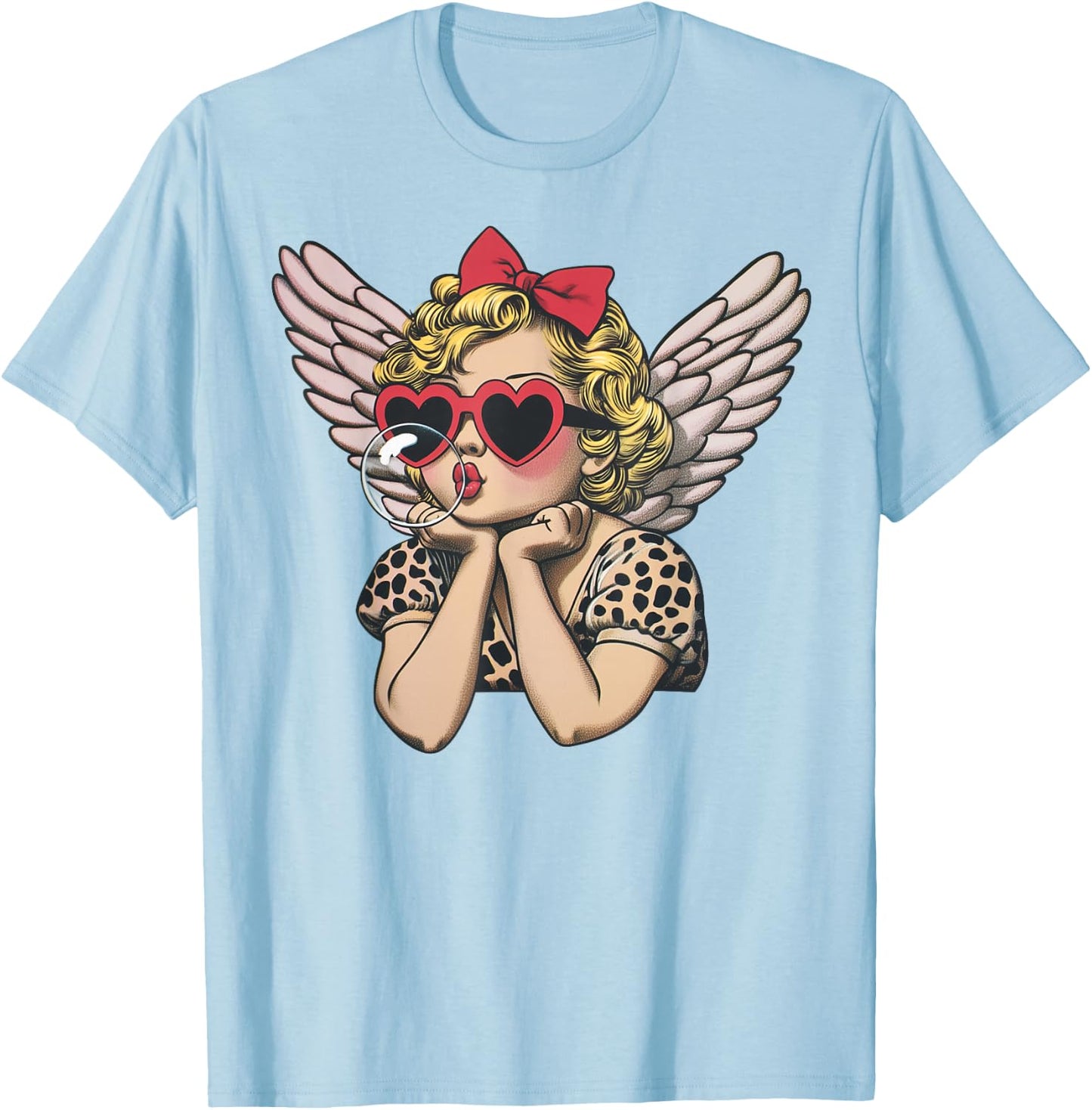 Cupid Blowing Bubble Heart Sunglasses Leopard Valentines Day T-Shirt - T-Shirt | Light Blue