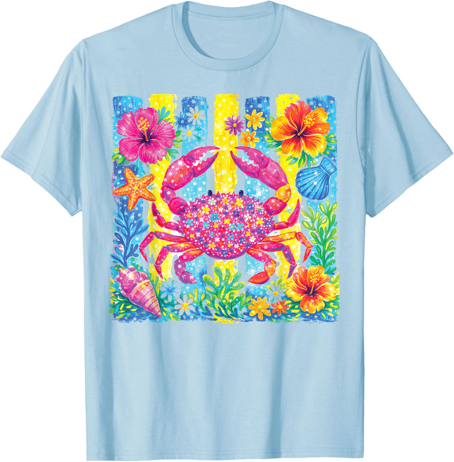 Colorful Tropical Crab Beach Floral Summer Ocean Coastal Art T-Shirt - T-Shirt | Light Blue