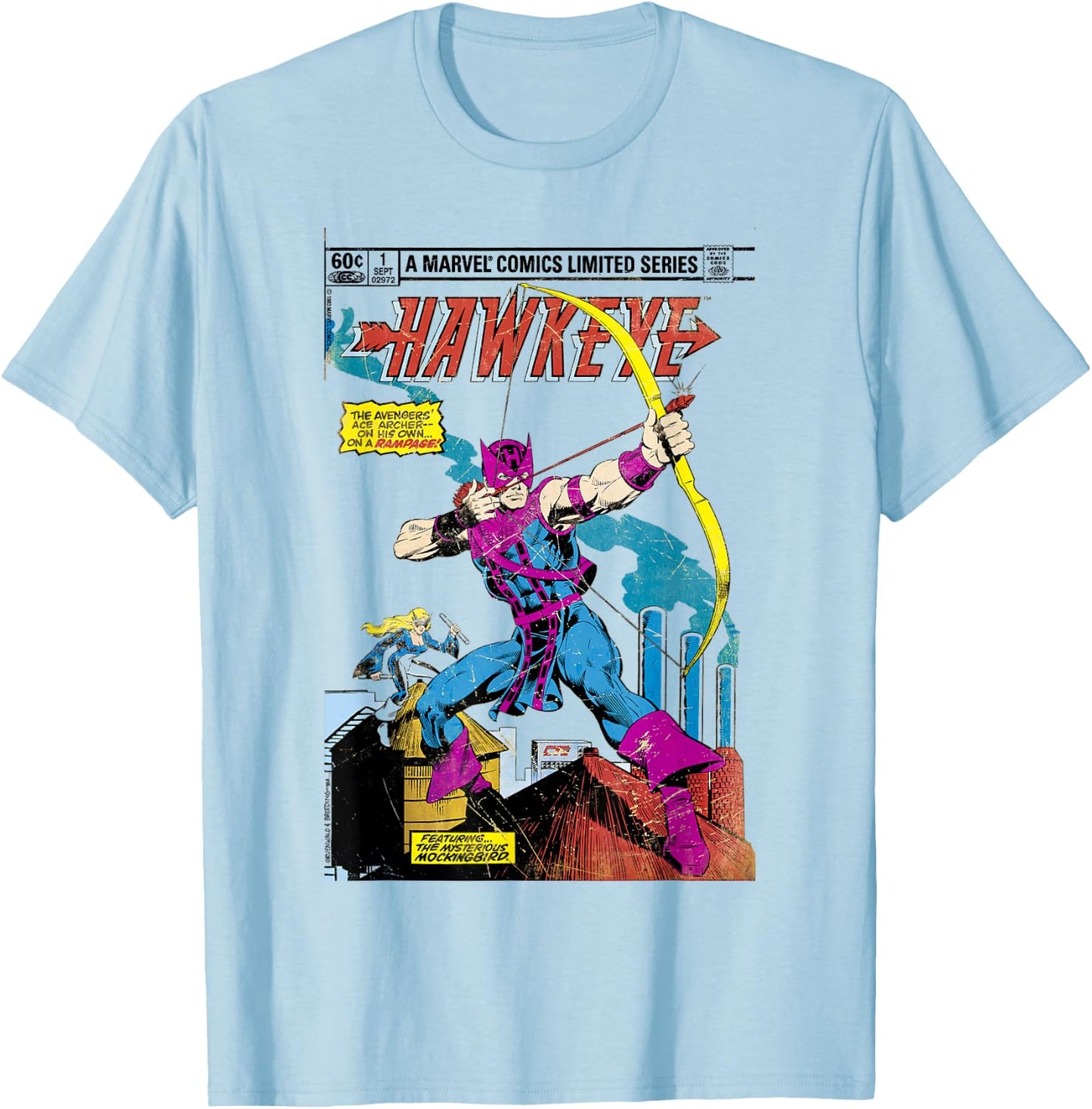Marvel Hawkeye Classic Retro Comic Book Art Graphic T-Shirt - T-Shirt | Light Blue