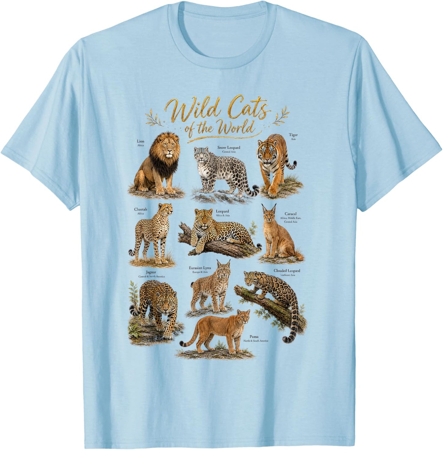 Wild Cats of The World Educational Wild Life Safari Animals T-Shirt - T-Shirt | Light Blue