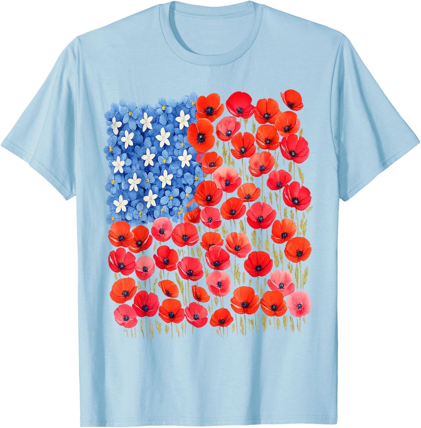 Patriotic Poppies & Hydrangeas Flowers in Floral US Flag T-Shirt - T-Shirt | Light Blue