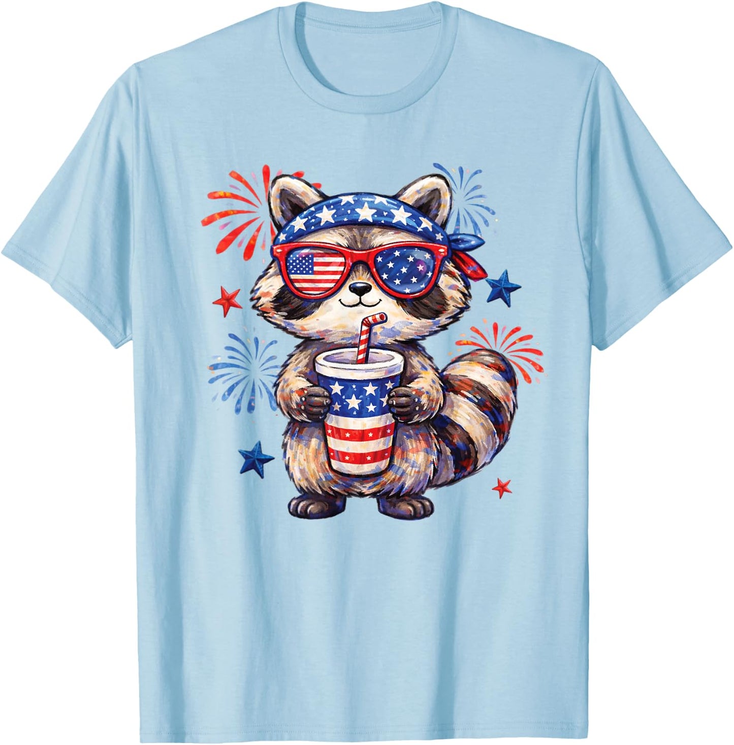 Cute Patriotic Raccoon Fireworks Fourth of July Animal Art T-Shirt - T-Shirt | Light Blue
