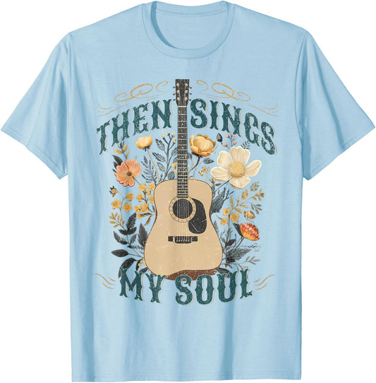 Vintage Floral Guitar Then Sings My Soul Christian Jesus T-Shirt - T-Shirt | Light Blue