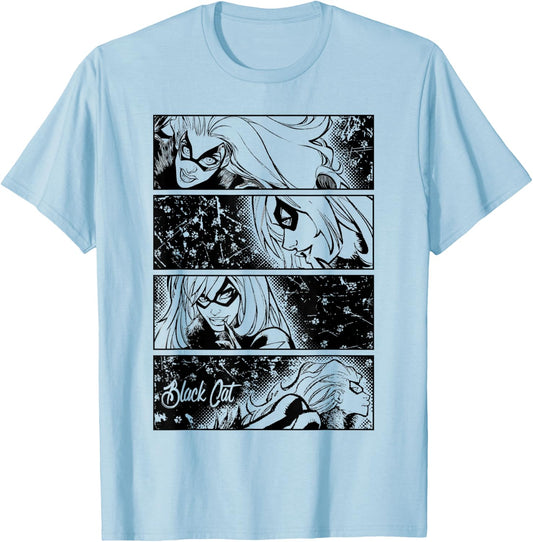 Marvel Black Cat Tonal Comic Four Panel Art Graphic T-Shirt - T-Shirt | Light Blue