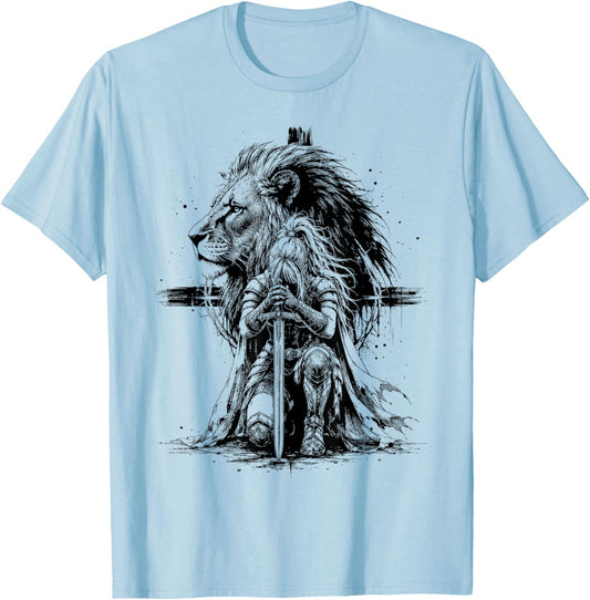 Christian Woman Warrior Lion Prayer Faith Strength Theme T-Shirt - T-Shirt | Light Blue