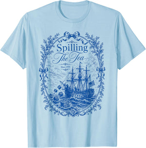 Blue Toile Spilling The Tea Since 1773 Party History Pun T-Shirt - T-Shirt | Light Blue