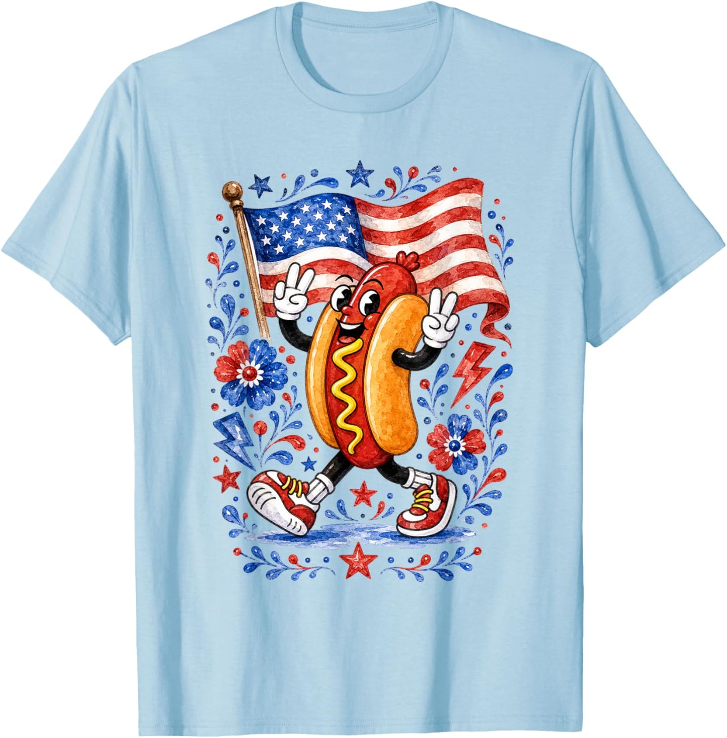 Patriotic Hot Dog Peace Sign USA Flag 4th of July T-Shirt - T-Shirt | Light Blue