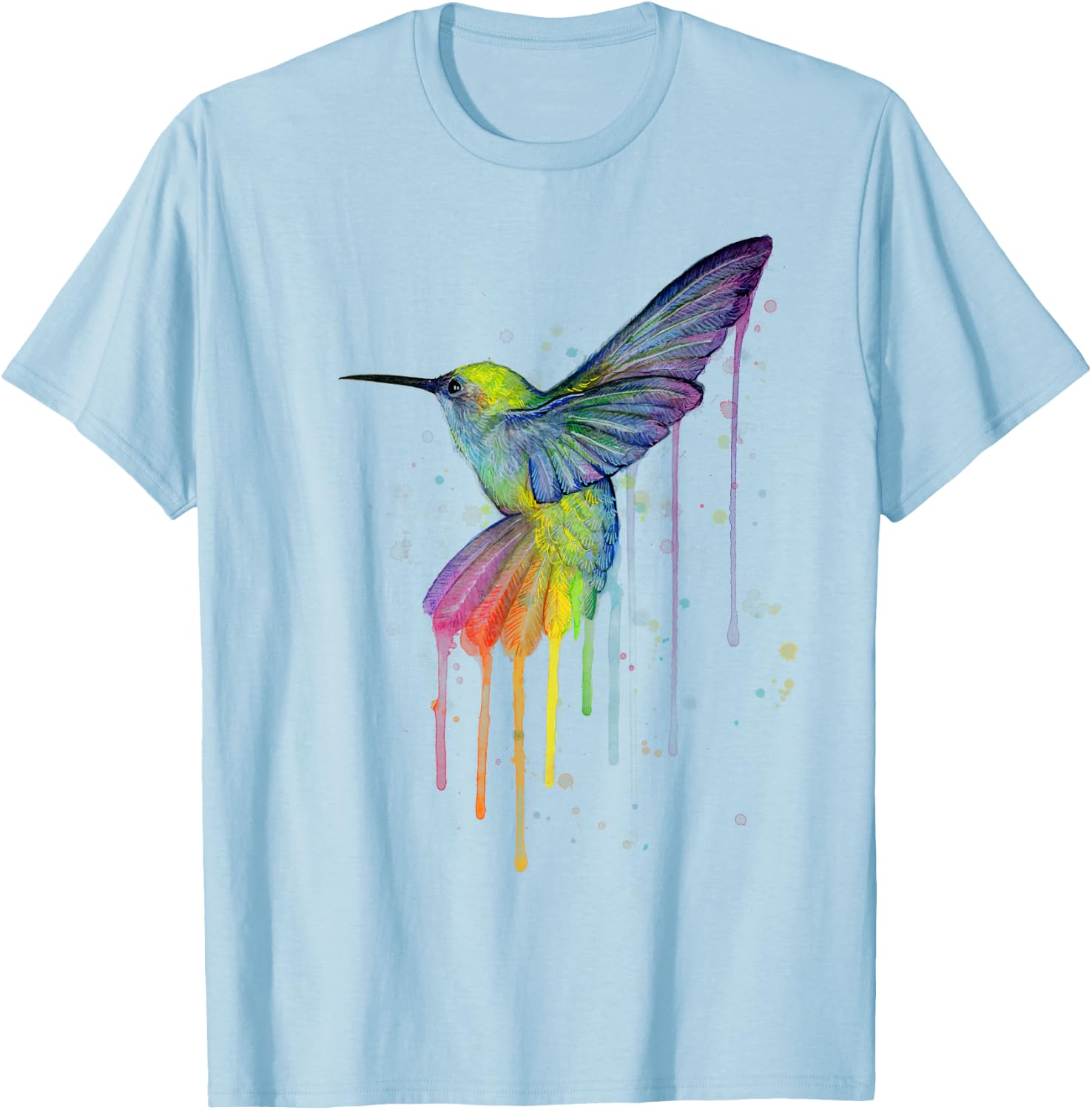 Rainbow Hummingbird Watercolor T-Shirt - T-Shirt | Light Blue