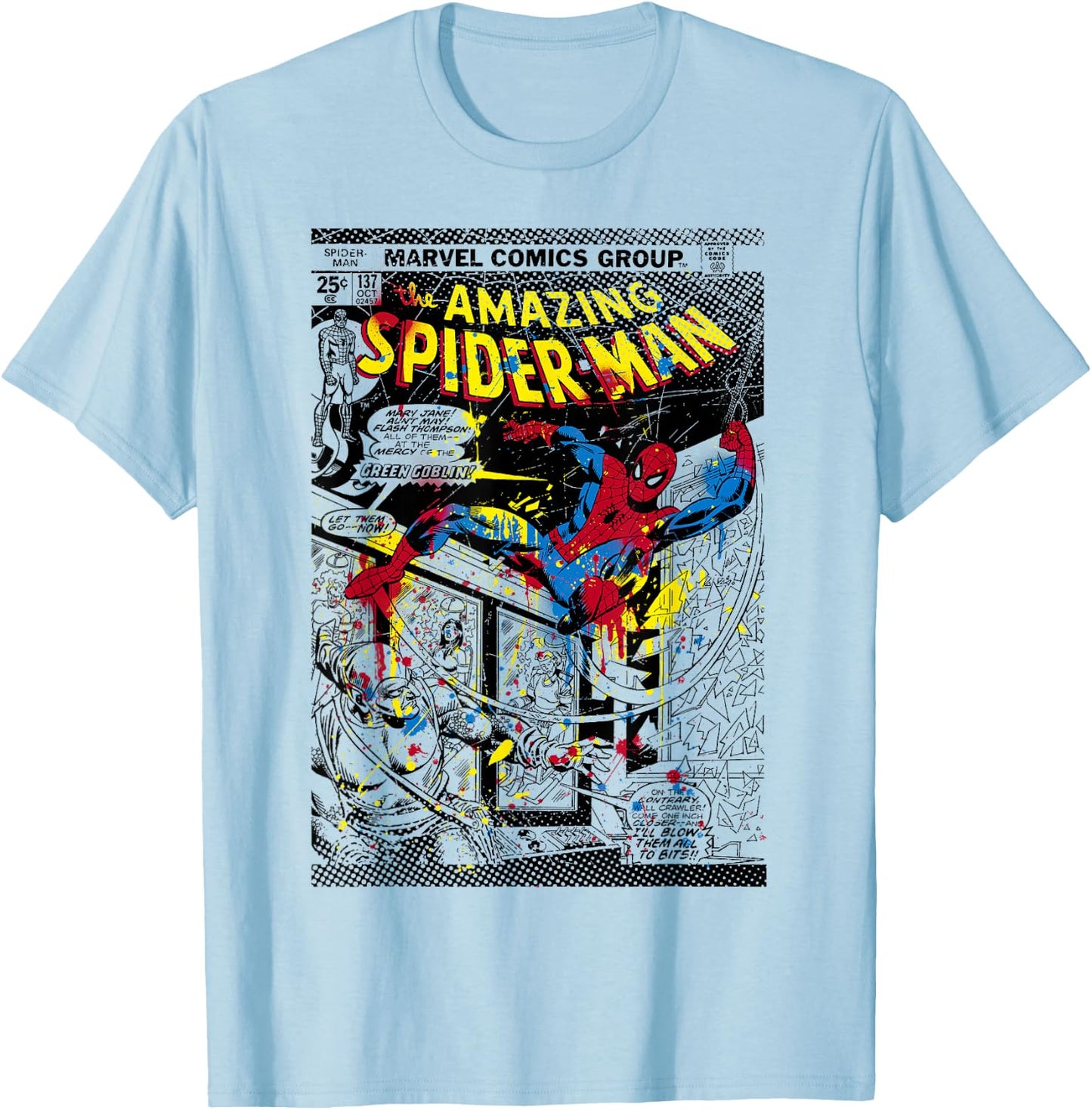 Marvel Spider-Man Classic Retro Paint Splat Comic T-Shirt - T-Shirt | Light Blue