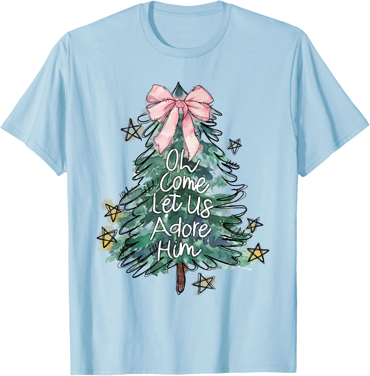 Oh Come Let Us Adore Him Christmas Grey Small Modern Lightweight Classic Fit Round Neck Short Sleeve T-Shirt - T-Shirt | Light Blue