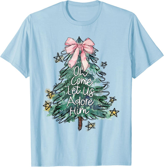 Oh Come Let Us Adore Him Christmas Grey Small Modern Lightweight Classic Fit Round Neck Short Sleeve T-Shirt - T-Shirt | Light Blue