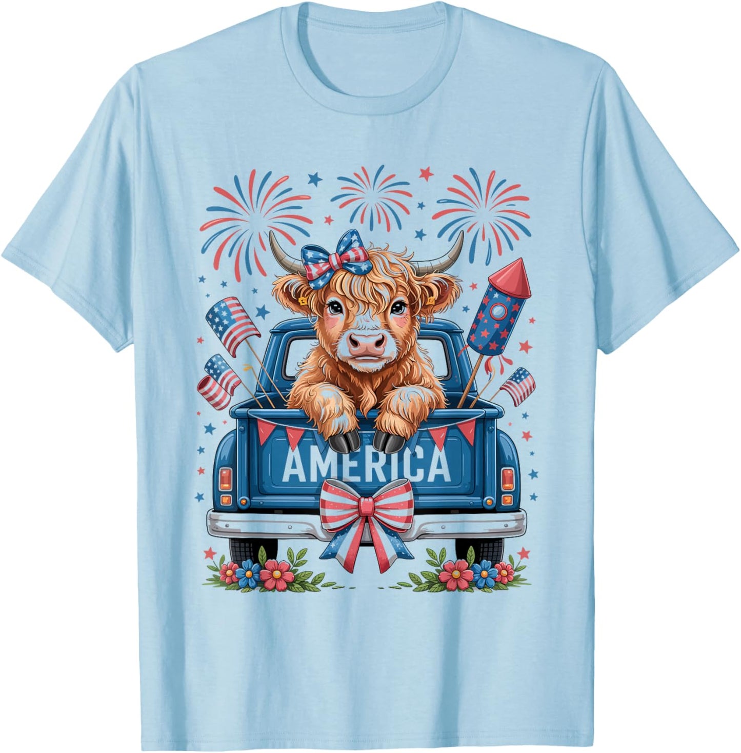 Coquette Highland Cow and Patriotic Truck 4th of July T-Shirt - T-Shirt | Light Blue
