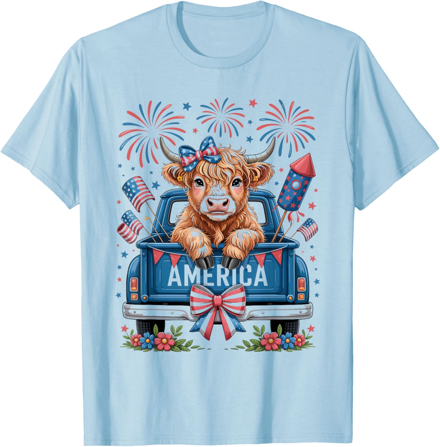 Coquette Highland Cow and Patriotic Truck 4th of July T-Shirt - T-Shirt | Light Blue