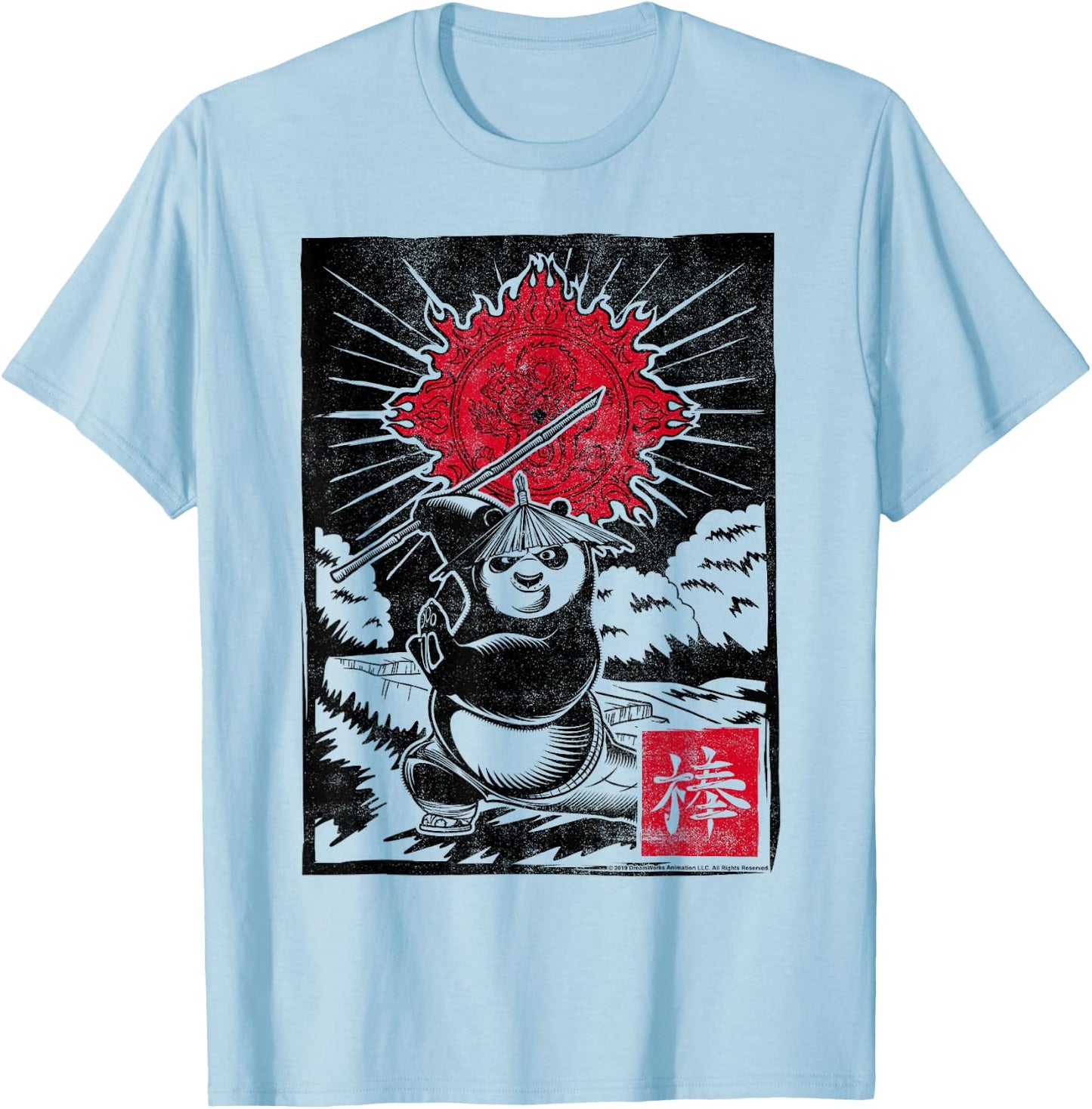 Kung Fu Panda Master Po Action Pose Woodcut Poster T-Shirt - T-Shirt | Light Blue