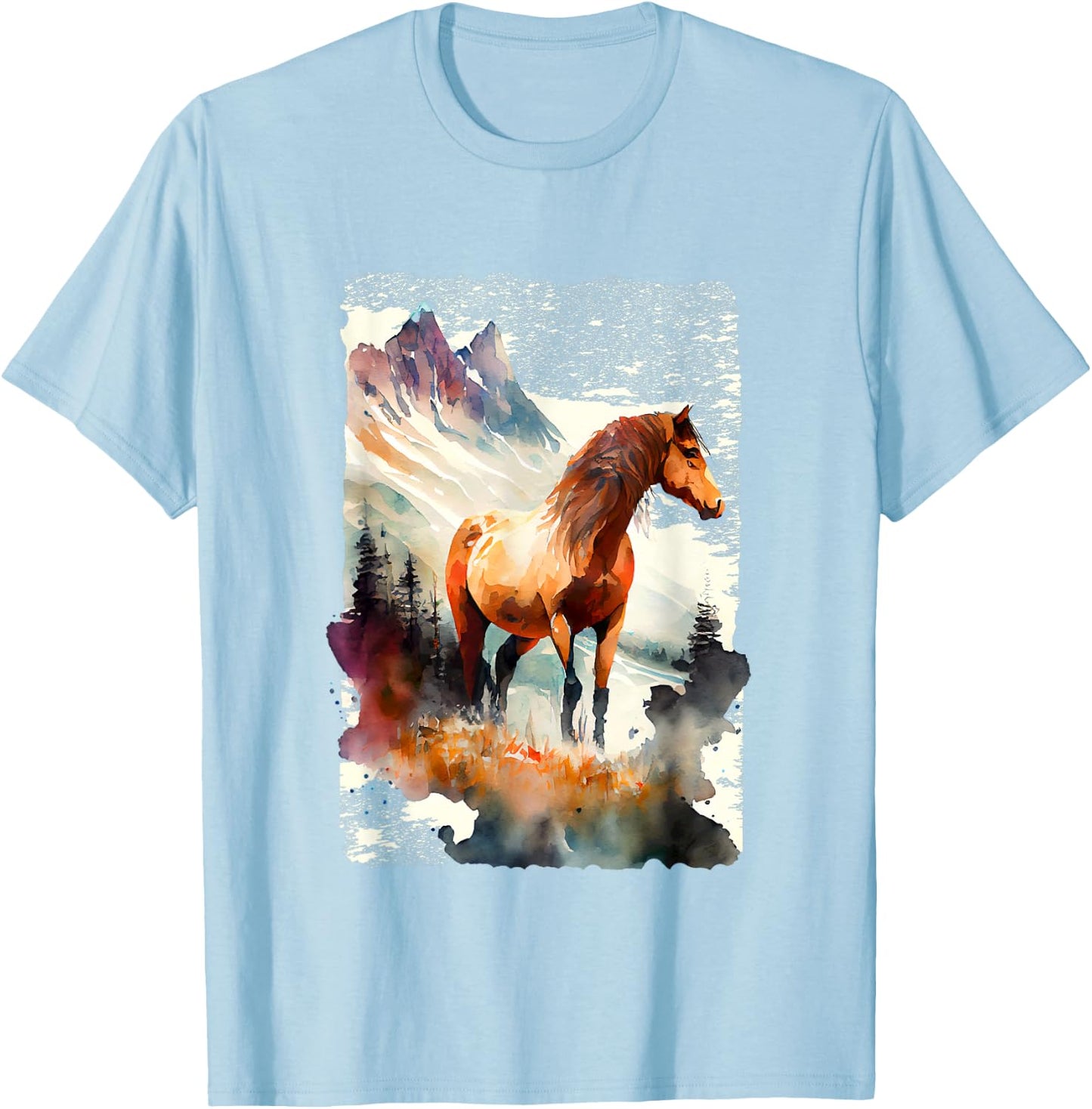 Majestic Horse In Mountain Landscape T-Shirt - T-Shirt | Light Blue