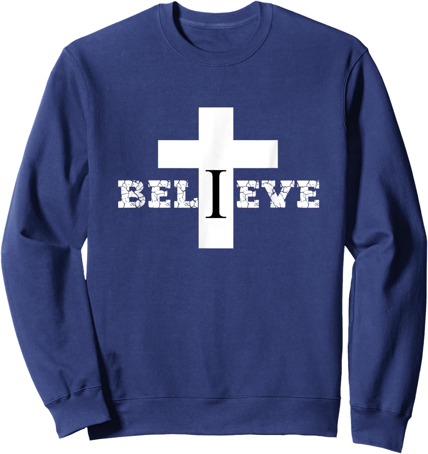 Christian Aesthetic Text and Cross Design Believe Religious Sweatshirt - Sweatshirt | Navy