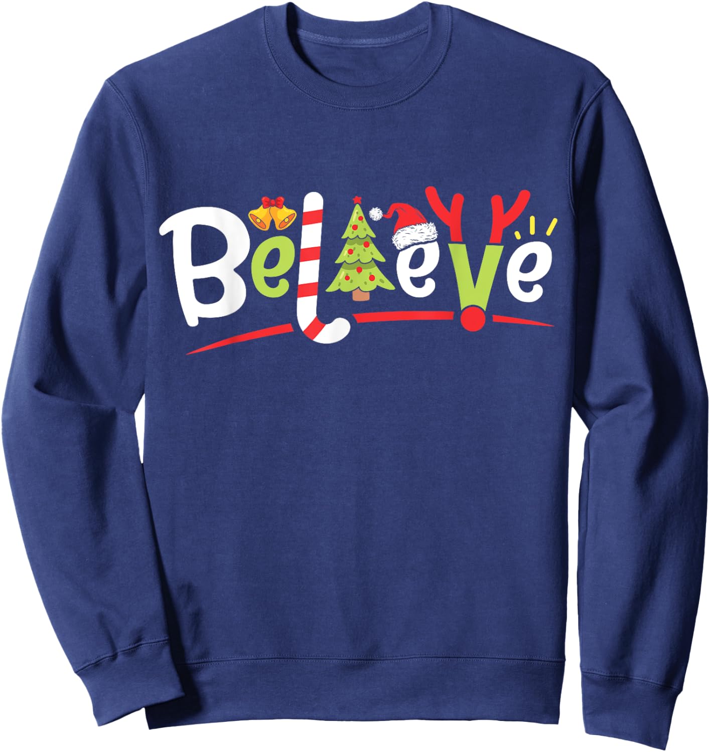 Christmas Believe Boys Girls Santa Hat Xmas Tree Antlers Sweatshirt - Sweatshirt | Navy
