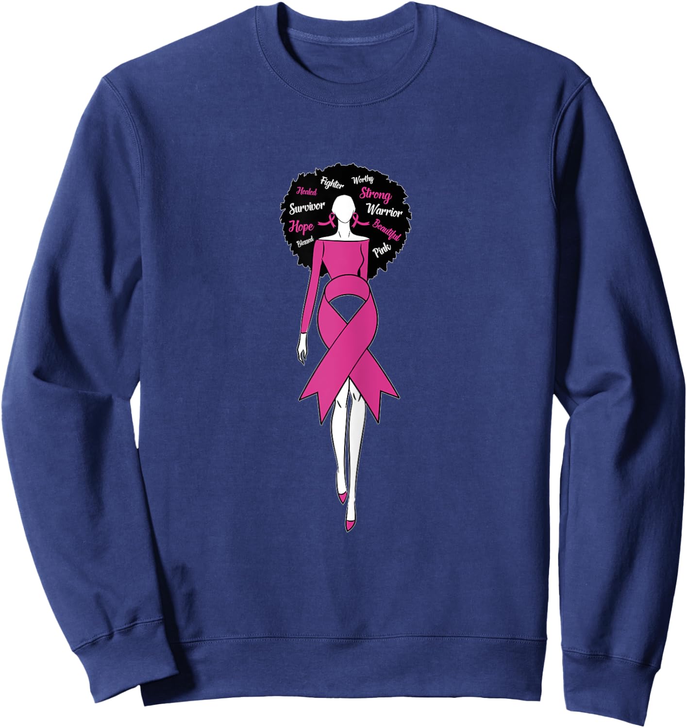 Afro Black Woman Pink Ribbon Dress Breast Cancer Awareness Sweatshirt - Sweatshirt | Navy