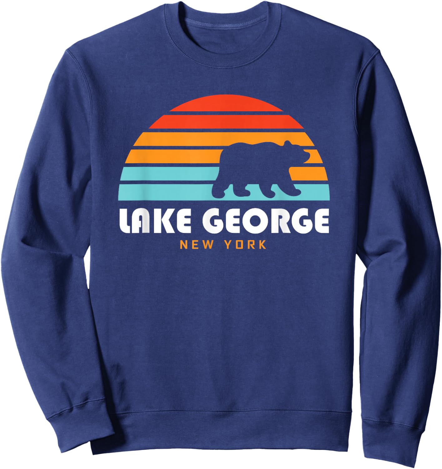 Lake George NY Adirondacks Retro Sunset Bear Sweatshirt - Sweatshirt | Navy