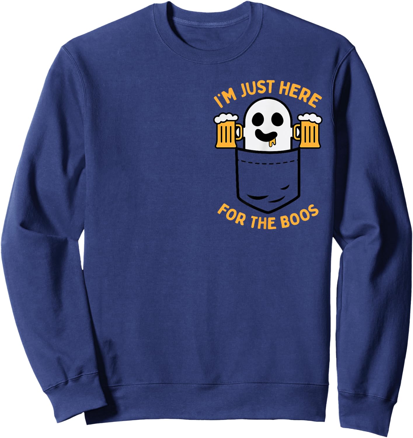 I'm Just Here For The Boos Cute Pocket Ghost Beer Halloween Sweatshirt - Sweatshirt | Navy