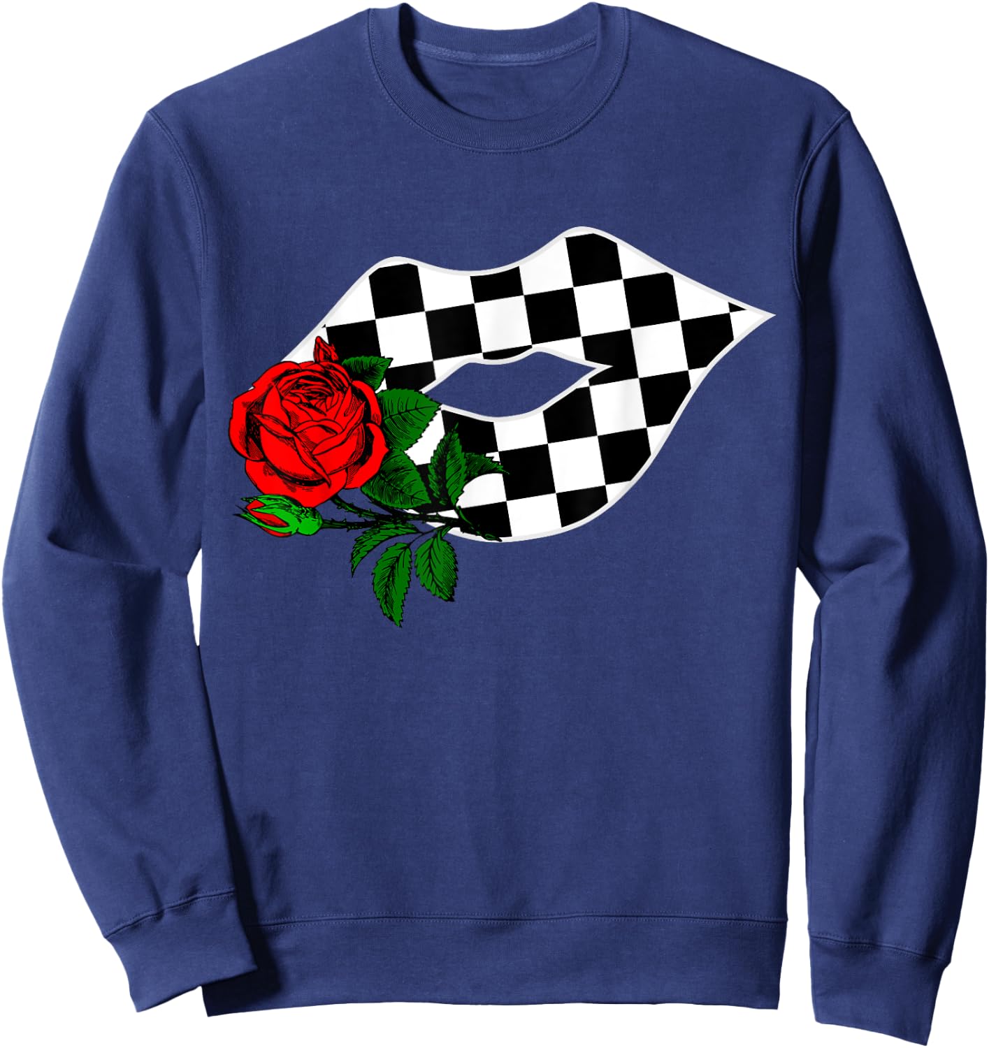 Checkered Lips Kiss With Red Rose Flower Racing Sweatshirt - Sweatshirt | Navy