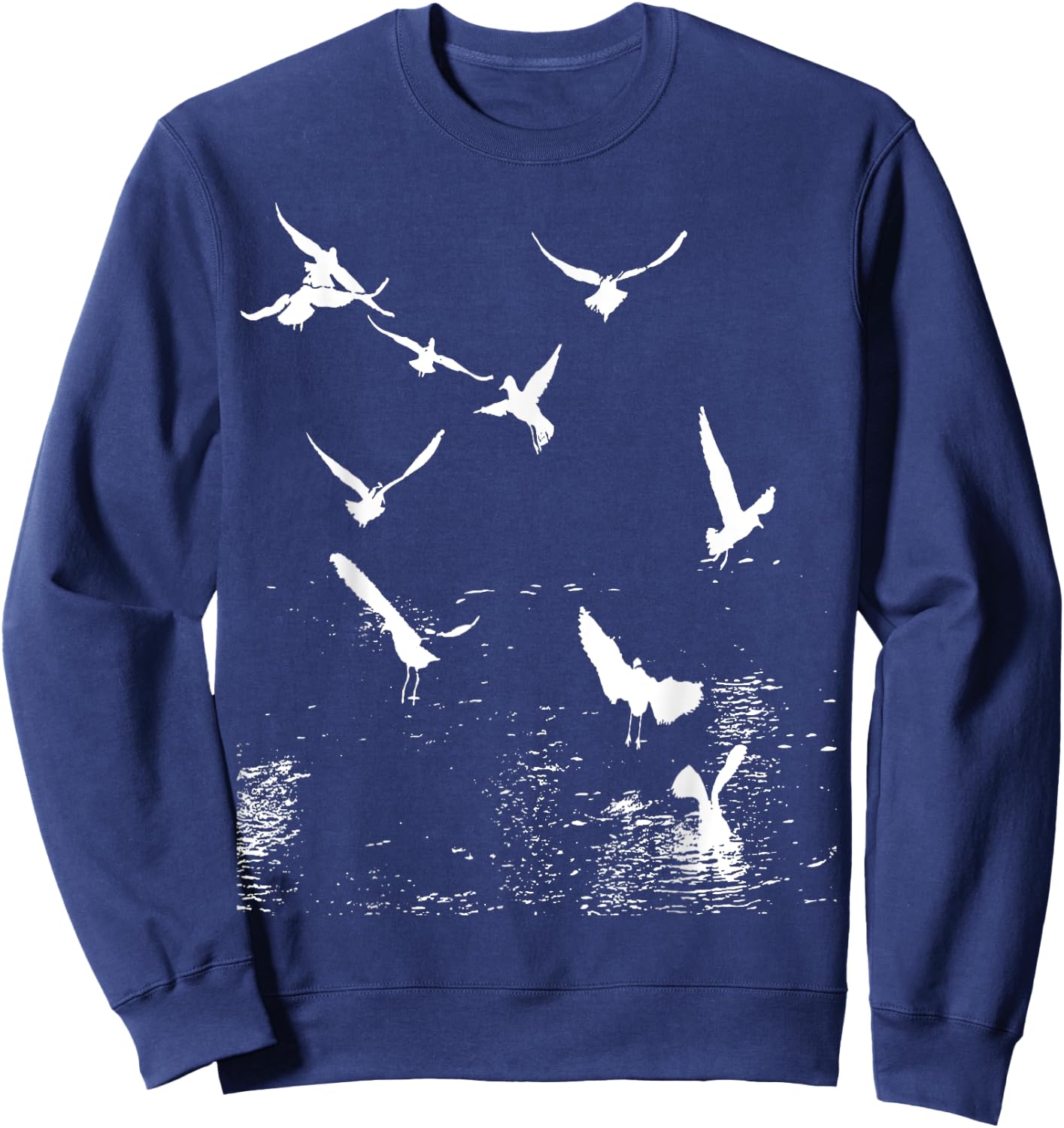 White Silhouette Of A Flock Of Seagulls Over Water Sweatshirt - Sweatshirt | Navy