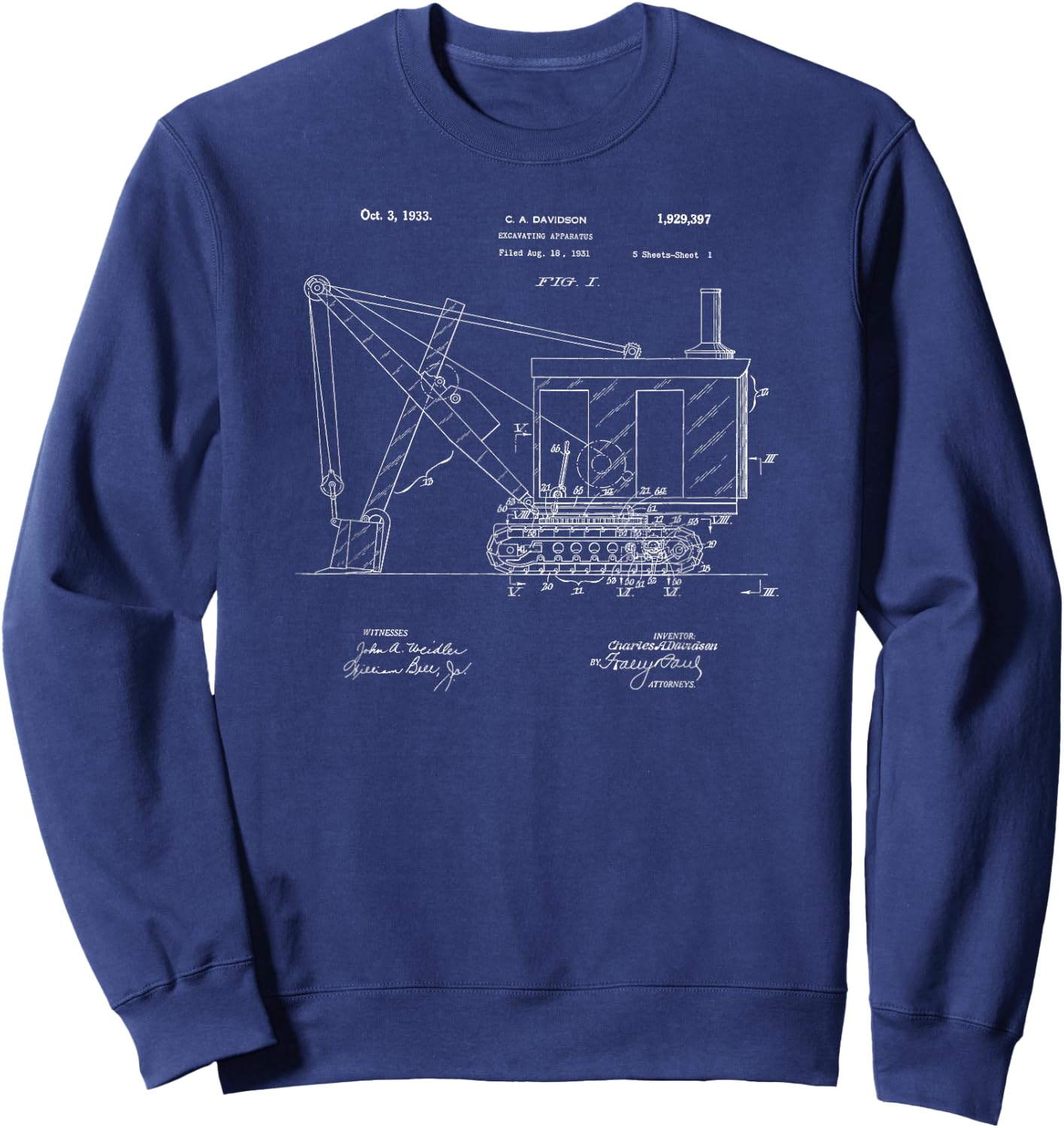 Vintage 1933 Construction Excavator Patent Print Gift Sweatshirt - Sweatshirt | Navy