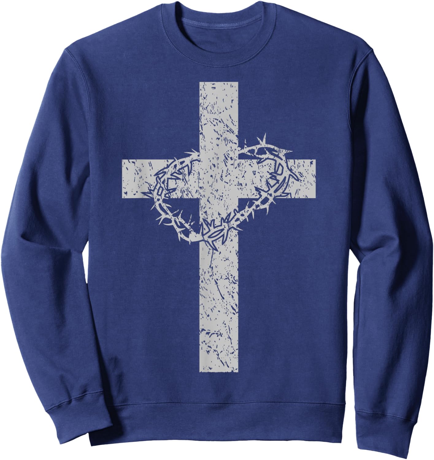 Vintage Distressed Cross & Crown of Thorns Christian Sweatshirt - Sweatshirt | Navy