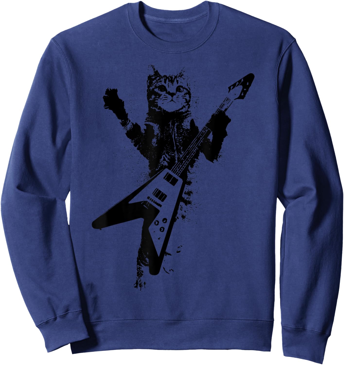 Cat Playing Flying V Guitar Musician Cat Lover Men Women Sweatshirt - Sweatshirt | Navy