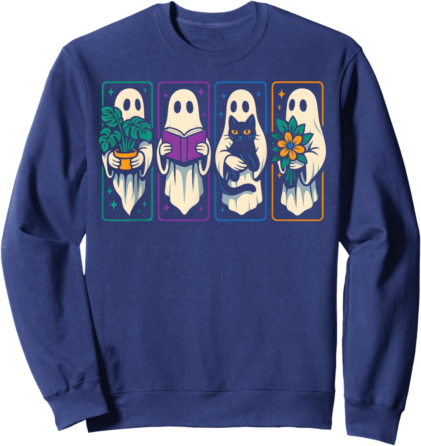 Cute Hippie Ghosts, Funny Ghost with Black Cat Books Plants Sweatshirt - Sweatshirt | Navy