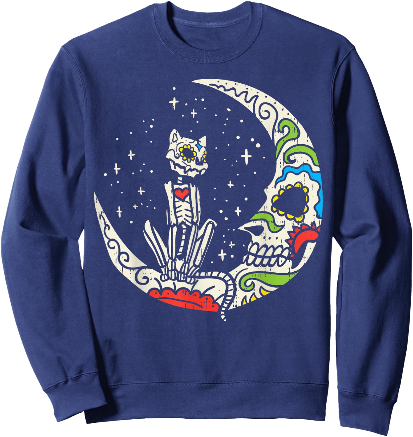 Sugar Skull Cat Moon Dia De Los Muertos Halloween Costume Sweatshirt - Sweatshirt | Navy