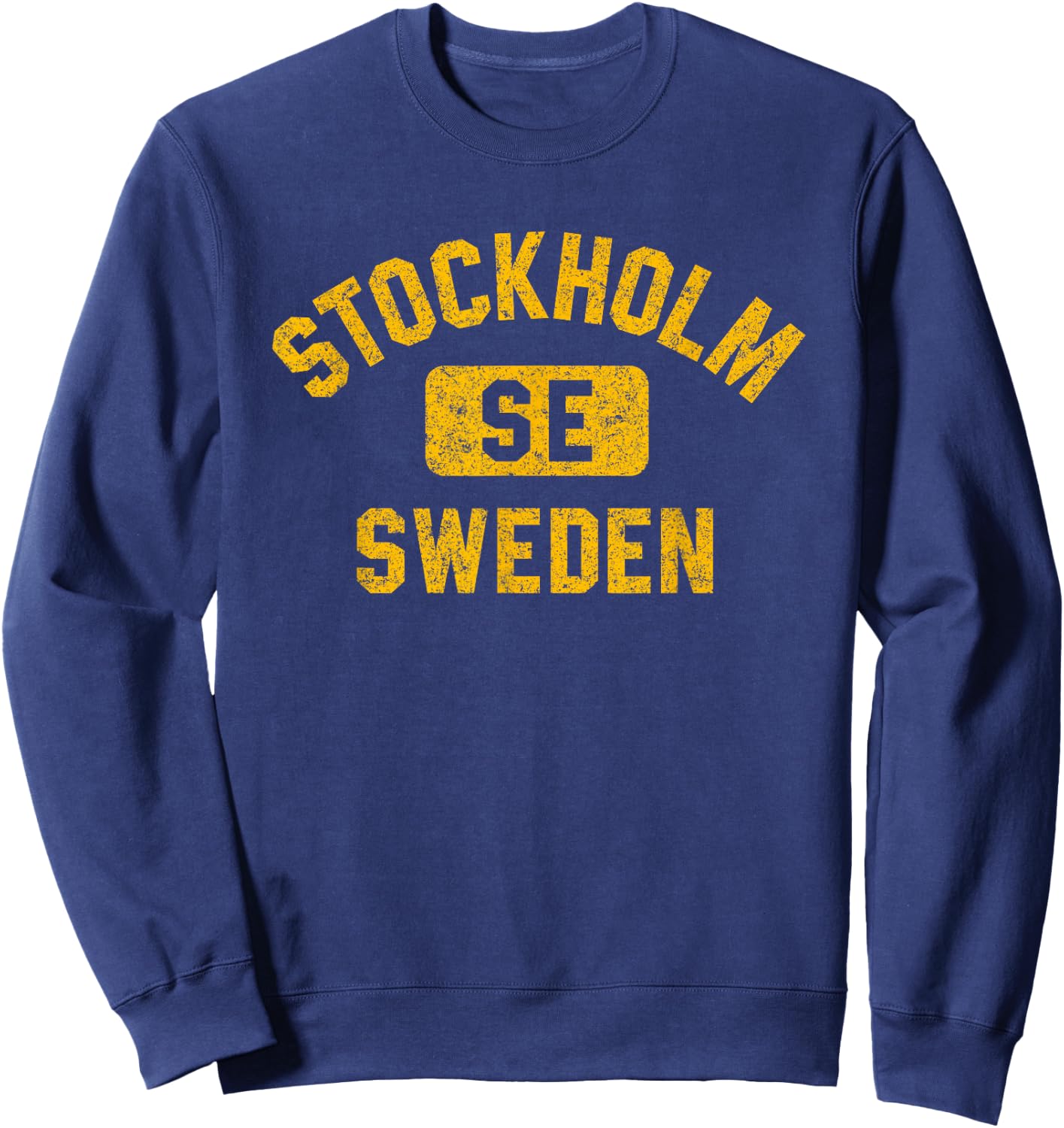 Stockholm Sweden SE Gym Style Distressed Amber Print Sweatshirt - Sweatshirt | Navy