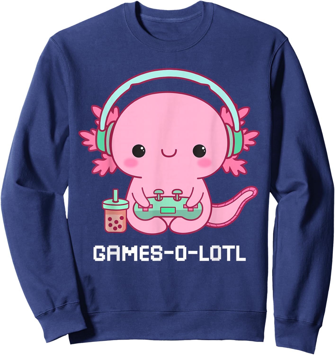 Gamesalotl Axolotl Cute Kawaii Fish Playing Video Games Girl Sweatshirt - Sweatshirt | Navy