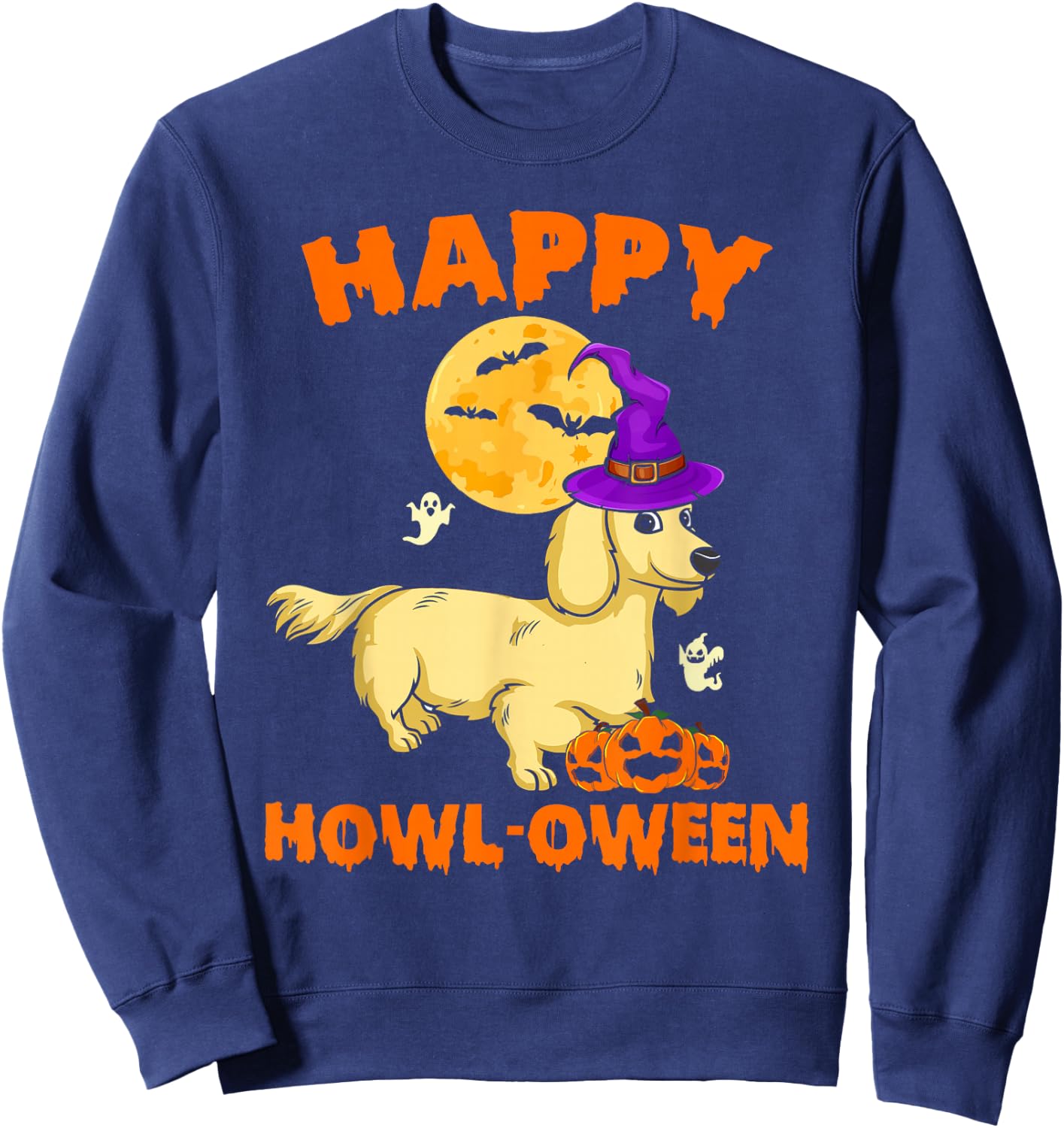 Cream Dachshund Witch Costume Dog Lover Happy Halloween Men Women Sweatshirt - Sweatshirt | Navy
