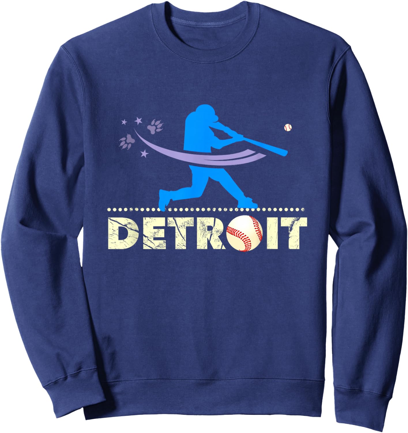 Distressed Tiger Mascot Baseball Detroit Player Paw Sweatshirt - Sweatshirt | Navy