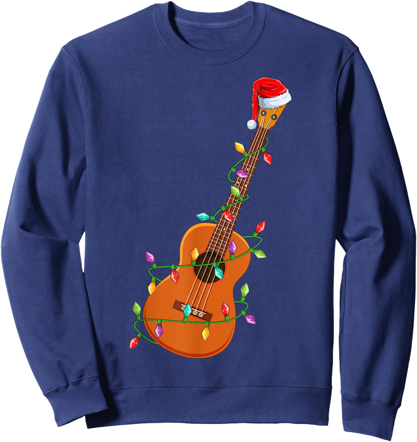 Xmas Lights Santa Hat Musical Ukulele Guitar Christmas Sweatshirt - Sweatshirt | Navy