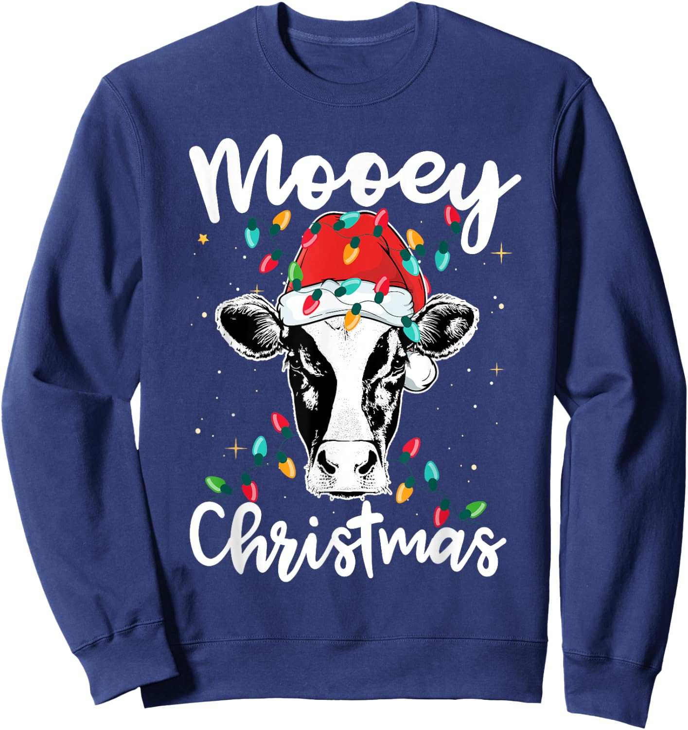 Mooey Christmas Santa Christmas Lights Cow Lovers Sweatshirt - Sweatshirt | Navy