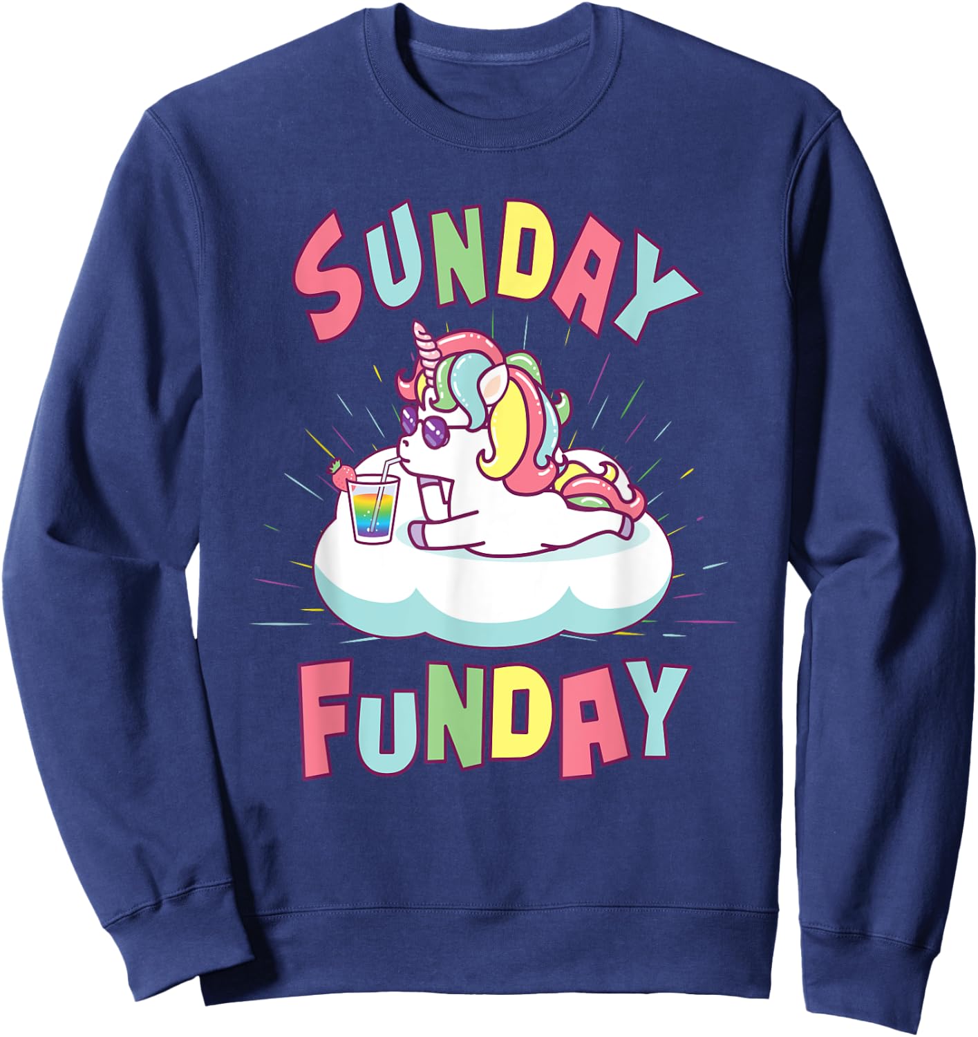 Sunday Funday Shirts Women Cute Unicorn Drinking Rainbow Sweatshirt - Sweatshirt | Navy